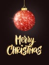 Holiday background. Hanging Christmas red ball on black. Sparkling metal glitter bauble. Merry Christmas hand drawn text Royalty Free Stock Photo