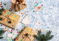 Holiday background. Homemade christmas gifts and decorations on light background. Top view, Royalty Free Stock Photo