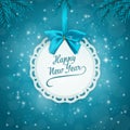 Holiday background with a label and a blue ribbon with bow. Fir branches frame. Royalty Free Stock Photo