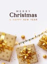 Holiday background Merry Christmas and Happy New Year. Xmas design with realistic festive objects, sparkling lights garland, beige Royalty Free Stock Photo