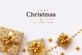 Holiday background Merry Christmas and Happy New Year. Xmas design with realistic festive objects, sparkling lights garland, beige Royalty Free Stock Photo