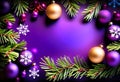 Holiday background with pine twigs and purple Christmas