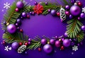 Holiday background with pine twigs and purple Christmas