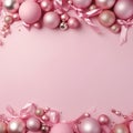 Holiday background with pink and silver balls, ribbons and bows on pink background. Copy space.