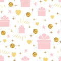 Holiday background seamless birthday pattern with gift box gentle pink golden colors