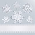 Holiday background with snowflakes and white stripe with lace