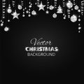 Sparkling Christmas glitter ornaments. Silver fiesta border, festive garland with hanging balls and ribbons on black. Royalty Free Stock Photo