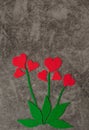 Holiday background for Valentine`s Day on a gray cement background with hearts, gifts and a ribbon