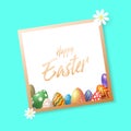 Holiday background with various Easter eggs on a paper under the golden frame.