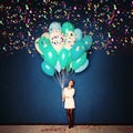 Holiday Background. Young Woman, Balloons and Confetti