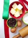 Holiday baking time - above view of cookie ingredients with heirloom rolling pin