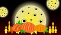 Holiday banner for All Saints Day or Halloween with the image of pumpkins, candles and a terrifying moon with eyes
