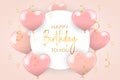 Holiday banner Happy birthday, pink heart balloons and gold serpentines with white template. Postcard, poster, 3d illustration Royalty Free Stock Photo