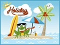 Holiday in beach with funny frog cartoon vector Royalty Free Stock Photo