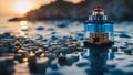 holiday at the beach lighthouse is made of Lego bricks and the water is made of blue jelly lighthouse at Thomas Point