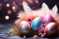 Holiday bliss Enchanting Easter scene with eggs, feathers, and glitter