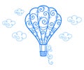 Holiday blue hot air balloon with curls, beads and flowers on a white background with clouds Royalty Free Stock Photo