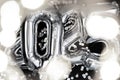 Holiday bokeh garland Happy new year 2025 metallic balloons with confetti on dark black background. Greeting card silver