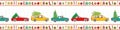 Holiday border design with cartoon reindeer, trucks, cars, Christmas trees and gifts in traditional colors. Seamless Royalty Free Stock Photo