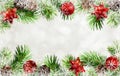 Christmas tree twigs, cones, balls and snowflakes frame Royalty Free Stock Photo