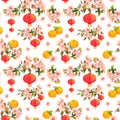 Holiday branch of mandarin with blossom plum, red paper lantern. Chinese new year seamless pattern. Watercolor