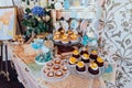 Holiday candy bar. Cupcakes with cream and fruits and blue and white cake pops decorated with paper hearts on wedd candy bar