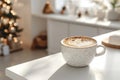 holiday cappuccino, a fragile cappuccino in a ceramic mug on a white table in a scandinavian kitchen, adorned with Royalty Free Stock Photo
