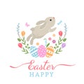 Holiday card or banner template. Happy Easter cute Easter bunny with eggs and flowers with a greeting lettering Royalty Free Stock Photo