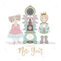 Holiday card with children and Christmas clock. Royalty Free Stock Photo