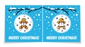 Holiday card with Christmas balls on snowy branch. Illustration with gingerbread man and woman. Cover and back of card. Royalty Free Stock Photo