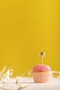 Holiday card with cupcake with candles on bright yellow background and place for your text. Vertical frame