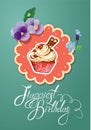 Holiday card with decorated sweet cupcake, flovers