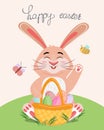 Holiday card design for Easter with a cute bunny and basket filled by the painted eggs.