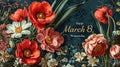 holiday card with flowers and text, March 8, Happy Women's Day, banner Royalty Free Stock Photo