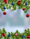 Holiday card. Green fir branches with red and blue balls in the real background. Up and down. Christmas decorations Royalty Free Stock Photo