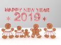 Holiday card Happy New Year 2019 with cookies on a white background. 3D rendering