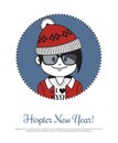 Holiday card Hipster New Year with Santa Claus in red hat