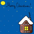 Holiday card house on a moonlit night. Snowing. Blue background. Christmas. New Year