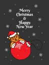 Holiday card illustration of cute tiger wearing red Santa Claus hat and with Christmas ball