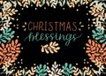 Holiday card with inscription Christmas blessings, made hand lettering on black background