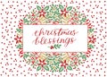 Holiday card with inscription Christmas blessings, made hand lettering on background with red dots