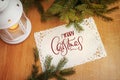 Holiday Card, invitation with Candle and Fir Tree. text Merry Christmas. Calligraphy lettering