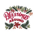 Holiday card, made hand lettering Blessings abound.