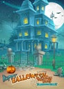 Holiday card with a mysterious Halloween haunted house and scary pumpkin