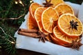 Holiday card for the new year is 2019 in warm, trendy colors. Christmas composition of ingredients for mulled wine orange slices,