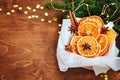 Holiday card for the new year is 2019 in warm, trendy colors. Christmas composition of ingredients for mulled wine orange slices,