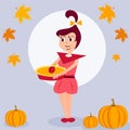 Holiday card with a pretty girl, pie and pumpkins for Thanksgiving day Royalty Free Stock Photo