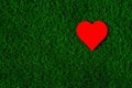 Holiday card: red paper heart lies on a green grass