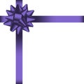 Holiday card with ribbon and violet bow. Realistic holiday decorations at gift banner, poster, coupon. Vector. Royalty Free Stock Photo