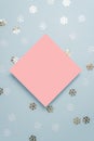 Holiday card and  sparkles star confetti, for inserting text on a colored background top view. Minimalism. flatlay Royalty Free Stock Photo